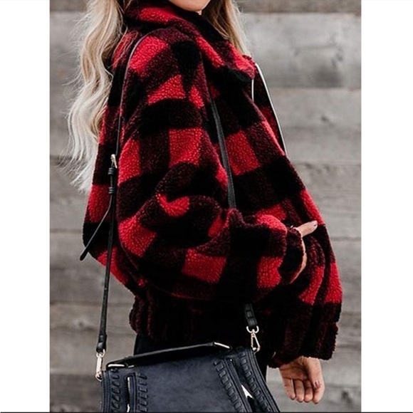 Plaid jacket fuzzy sherpa coat - Picture 2 of 13